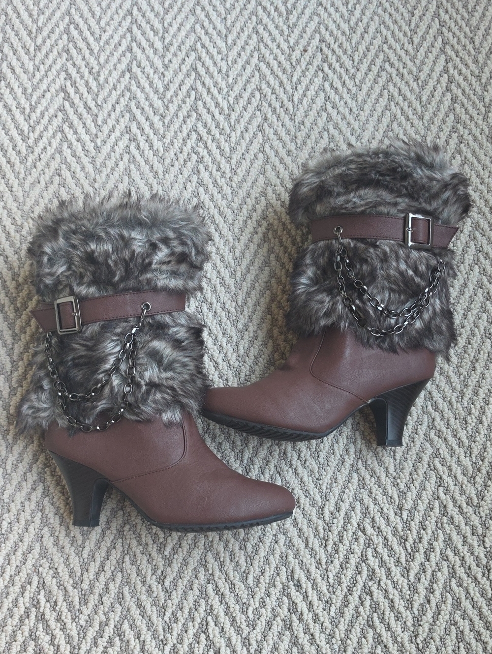Faux Fur Trim Brown Mid-Calf Heel Boots